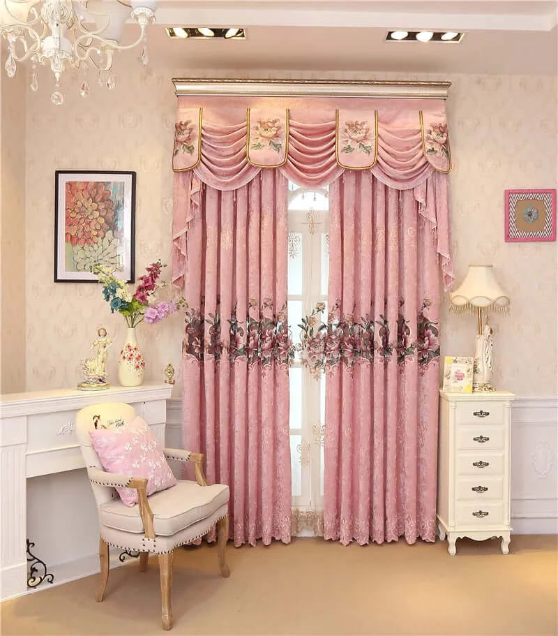 Luxury Pink Window Valance with Floral Jabot