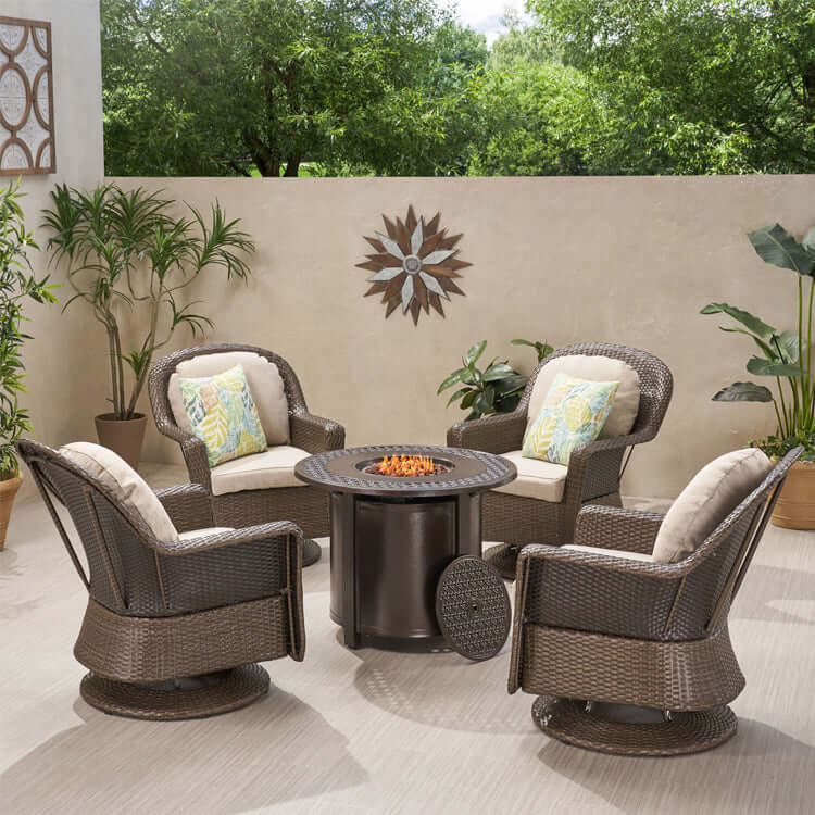 Outdoor Furniture Set - 4-Seater Wicker Swivel Chair and Fire Pit-Wicker Chairs-NOFRAN