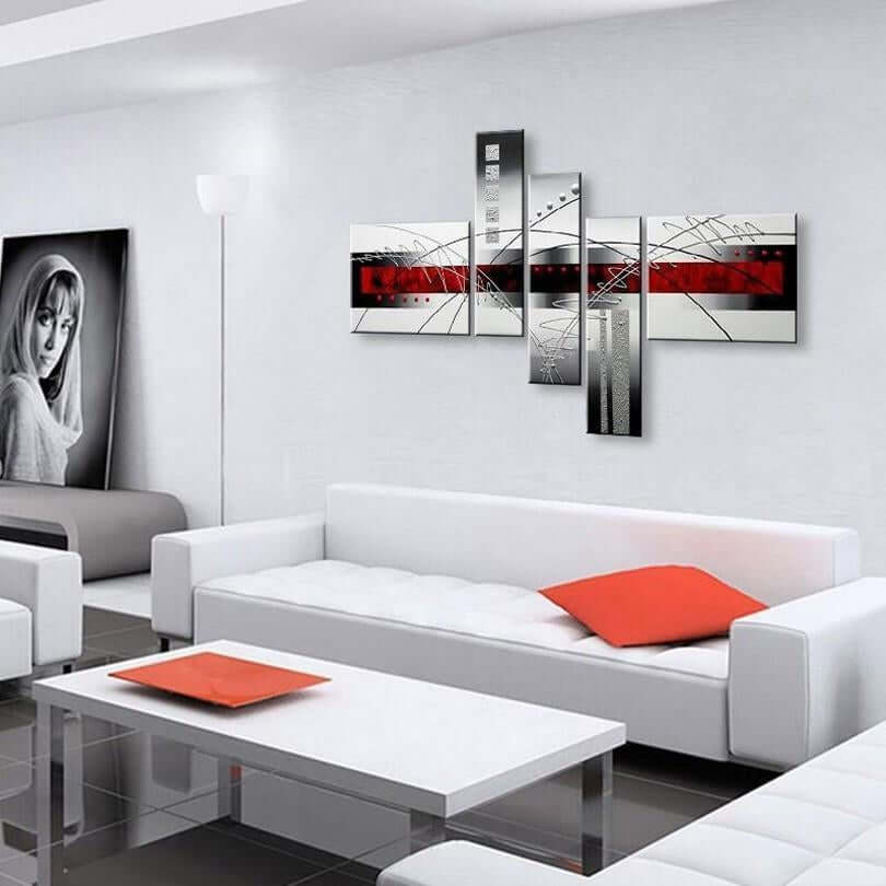 Abstract Painting Living Room Wall Art, Grey & Red, 5 Pcs - NOFRAN
