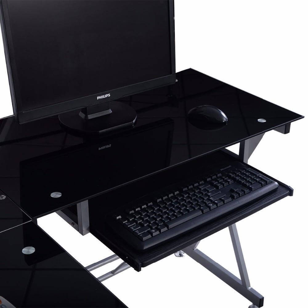 Computer Desk PC Glass Top Laptop Table Workstation Corner L-Shape Home Office - NOFRAN