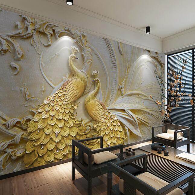 Golden Peacock Mural Wallpaper - NOFRAN