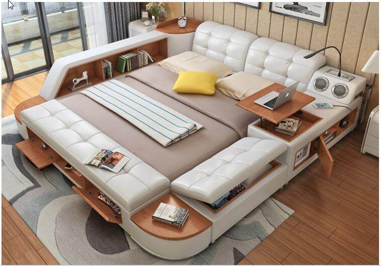 Leather Bed With Storage And Sideboard - NOFRAN