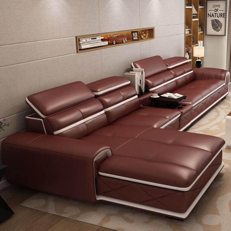 Living Room Furniture, Corner Leather Sofa, White, Burgurdy - NOFRAN