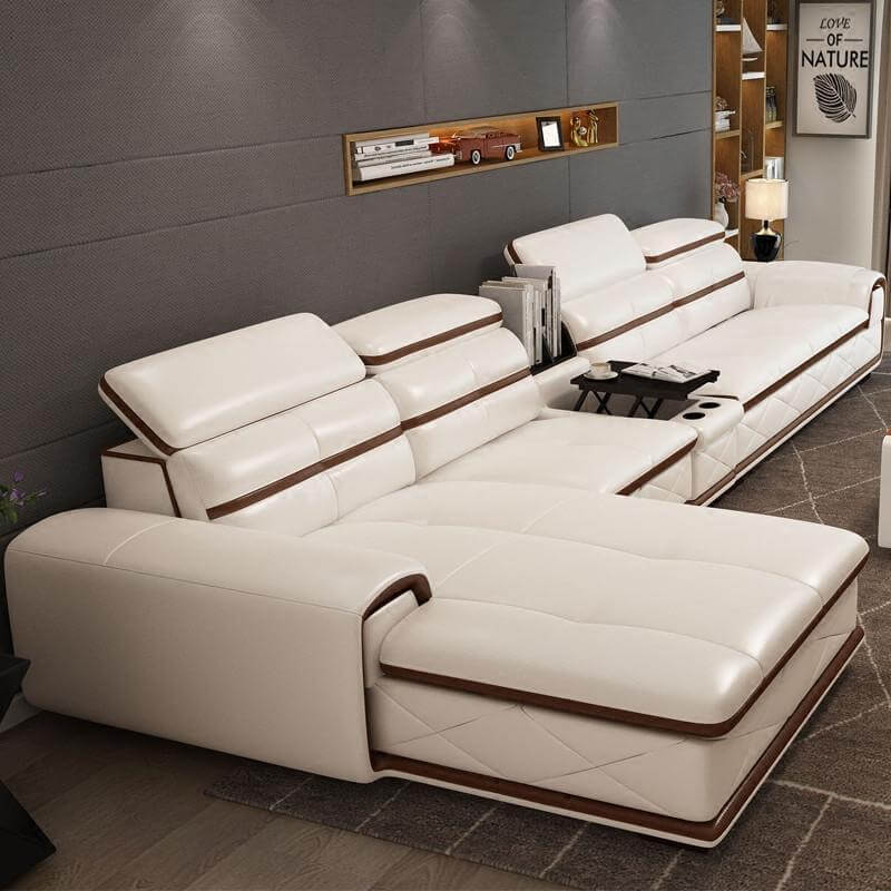 Living Room Furniture, Corner Leather Sofa, White, Burgurdy - NOFRAN