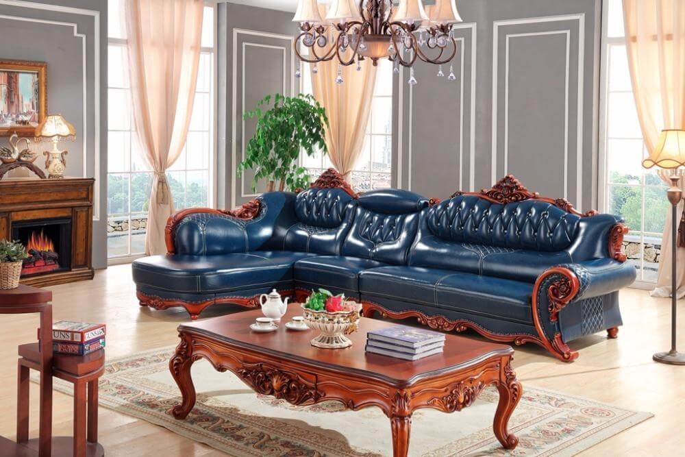 Living Room Furniture, Leather Sofa Set, L-Shape, Blue - NOFRAN