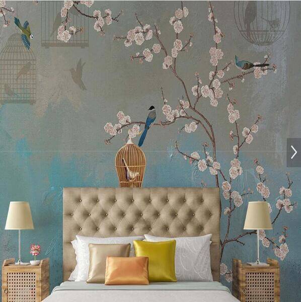 Plum Bird Floral Mural Wallpaper - NOFRAN