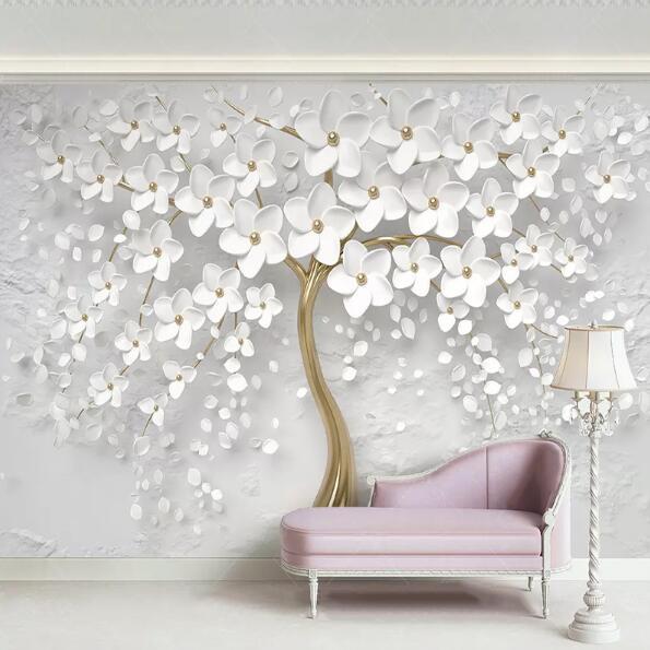 White Floral Tree Mural Wallpaper - NOFRAN