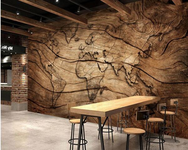 World Map, Wood Background Wallpaper - NOFRAN