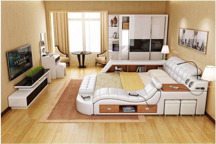 Leather Bed With Speakers And Storage - NOFRAN